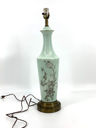 Vintage Celadon Asian Crackle Glaze Ceramic Cherry Blossom Sparrow Table lamp - Picture 1 of 10