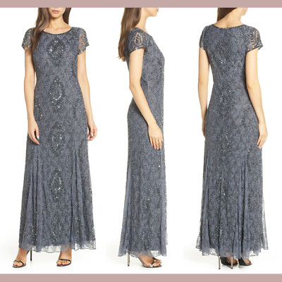 NWT Pisarro Nights Cap Sleeve Beaded Lace Gown in Slate [Petite SZ 6P ] #G628