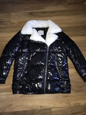 Ladies Size 18 River Island Black High Shine Puffer Jacket Coat Faux Fur Collar