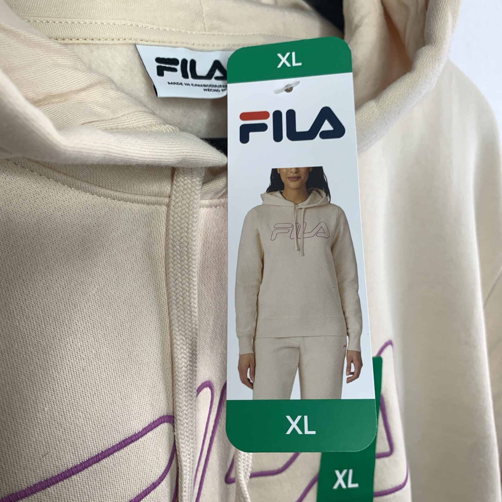 Felpa con cappuccio pullover Fila taglia XL donna logo beige cordoncino vita a costine