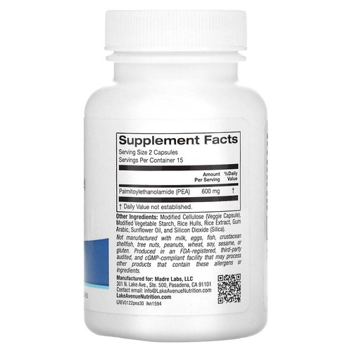 Lake Avenue Nutrition, PEA (Palmitoylethanolamide), 600 mg Per Serving, 30 Caps - Picture 2 of 2