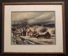 "New England Country Snowscape" original watercolor John Cuthbert Hare 1908-1979