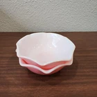 SET OF 2 VINTAGE HAZEL ATLAS RUFFLED CRINOLINE PINK & WHITE MILKGLASS 5.5" BOWLS