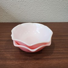 SET OF 2 VINTAGE HAZEL ATLAS RUFFLED CRINOLINE PINK & WHITE MILKGLASS 5.5