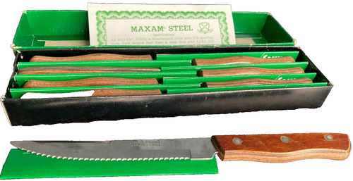 Vintage Maxam Set of 7 Serrated Steak Knives Wooden Handles Stainless Steel NEW