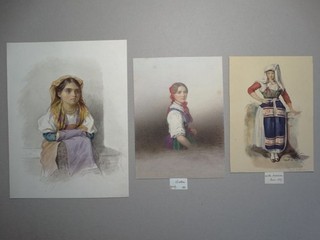 Damentrachten Mode Österreich Italien 3 Aquarelle Zeichnungen 19. Jh.