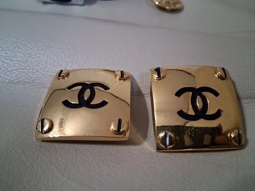 Vintage Gold Tone Chanel Clip On Earrings Made In France Signed Costume Jewelry