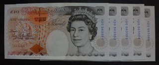 5 mint UNC sequential ten pound notes (Kentfield) A20