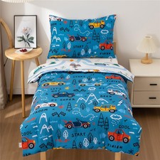 Racing Car Toddler Bedding Set for Boys - Comforter, Sheets, Pillowcase, Blue