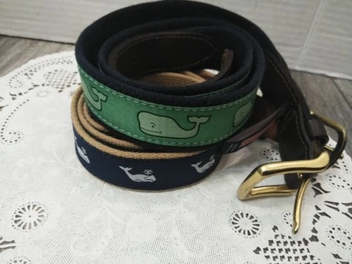 Preston Leather & VINEYARD VINE Whale Motif Ribbon Belt SIZE 36 NAVY & GREEN (2)