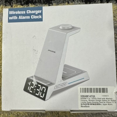 ANJANK 4 in 1 Wireless Charging Station Alarm Clock, Dock White