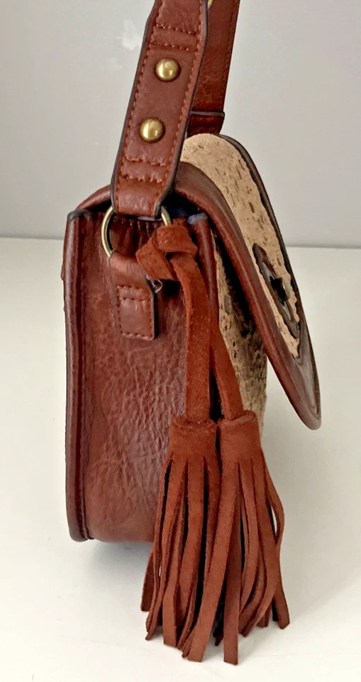 Bolso Bandolera Justin Western Cuero Marrón Encaje Superpuesto Cartera Borla Acento Foto 3 de 4