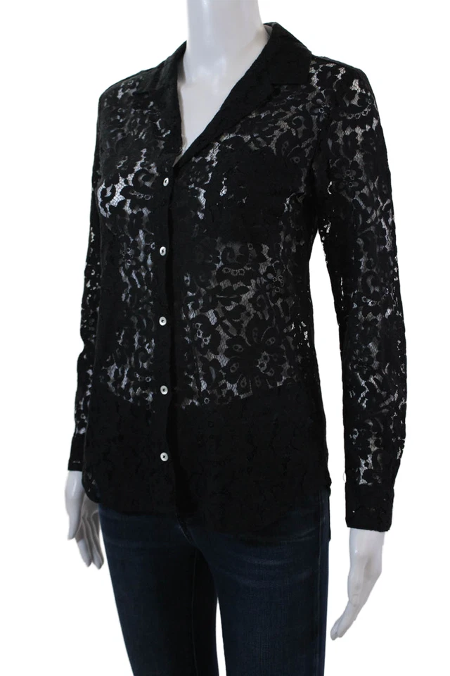 Camisa Steven Alan Mujer Botón Delantero Manga Larga Cuello Encaje Negra Pequeña Foto 2 de 4