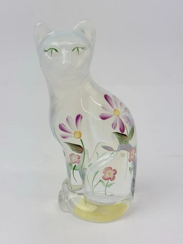 Vintage Fenton Glass Opalescent Signed Cat with Hand Painted Flowers Figurine
