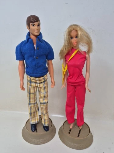 Vintage Mattel Walk Lively Ken & Barbie Doll Lot #1182  & Stands 1971