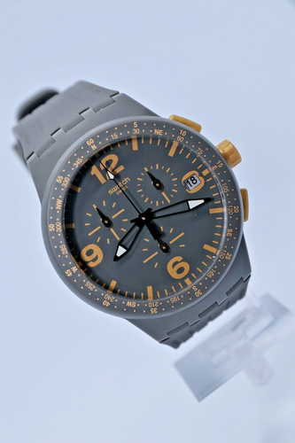 NEW Swatch Swiss Gordon SUSA401 Plastic Analog Gray Gold Watch Chronograph 42MM - Picture 2 of 12