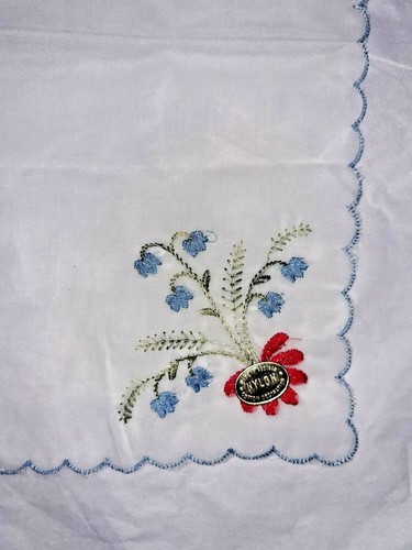 Vintage Hankie Handkerchief Nylon 4 corner red blue flowers Austria 10.5" - Picture 2 of 6