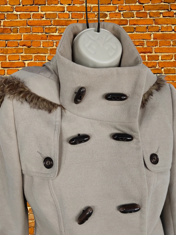 CHAQUETA ABRIGO MUJER JANE NORMAN TALLA UK 10 BEIGE CON CAPUCHA CÁLIDO INVIERNO ABOTONADA Foto 3 de 4