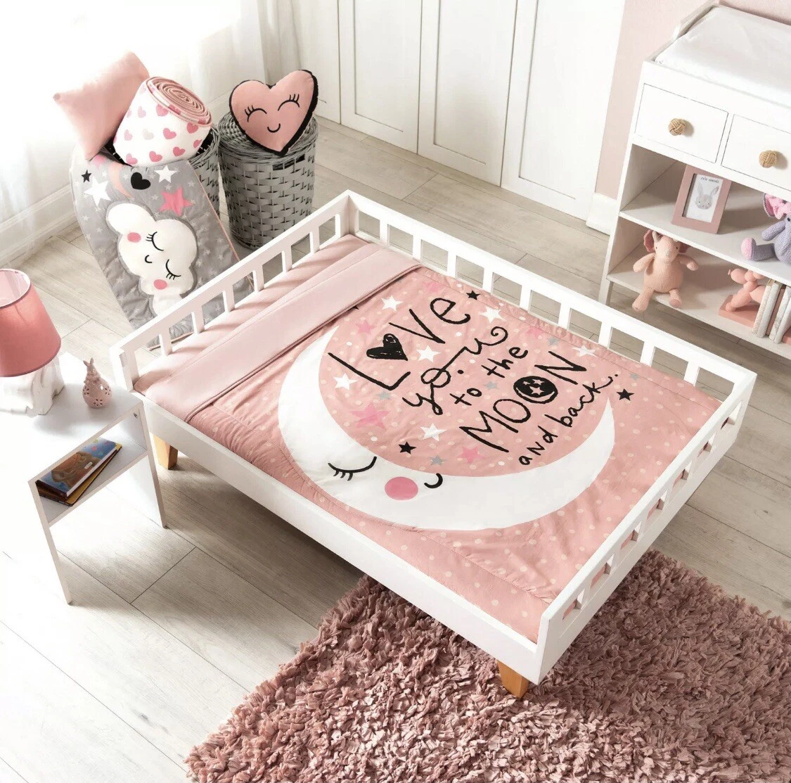 MOON GIRL PINK CRIB SET BEDDING COMFORTER BABY SHOWER GIFT 100% COTTON 4 PCS