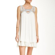OOBER SWANK IVORY EMBROIDERED CASUAL CUT-OUT NECK BOHO SWING DRESS SZ: S NWT