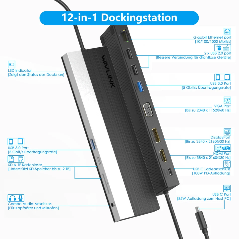 USB-C Dockingstation 12-in-1 Triple Display 100W PD Gigabit LAN für Windows/Mac - Bild 2 von 4