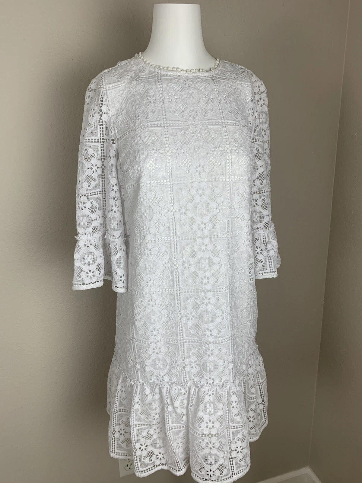 Kate Spade Fresh White Lace Crochet Flounce Shift Dress Label 2 Fit Size 8 NWT