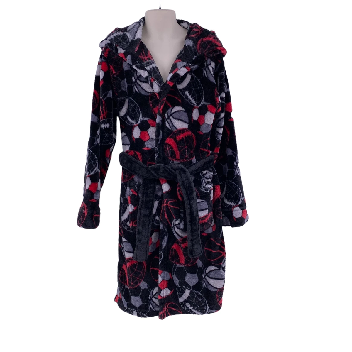 Cuddl Duds Plush Hooded Robe Bathrobe Size M 8 10 Sports Balls