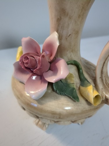 Beautiful Italian Capodimonte 9” Vase Handled & Footed Pink Flowers & Stamp - Picture 8 of 13