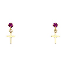 14K Real Gold Pink CZ Cross Stud Earrings