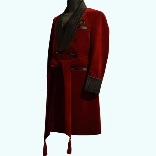 Men's Maroon Smoking Quilted Lapel Designer Dinner Party Wear Long Coat image 2