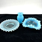 Vintage Fenton Blue Opalescent Hobnail Ribbon Edge Lot Ashtray Vase Dish