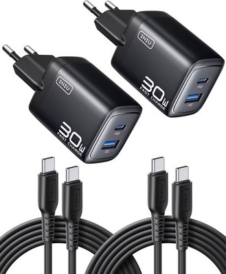 USB C Ladegerät 30W GaN Schnellladegerät Dual-Port mit 1,5m Kabel Schwarz für