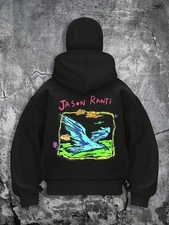 Women's Black Double-Sided Half-Zip Hooded Jacket with Fish & Jason Mraz-Inspire