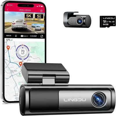 LINGDU 5K LD06 Dash Cam 4K+2K Front ＆ Rear 64GB Card 5GHz WiFi GPS Loop Record