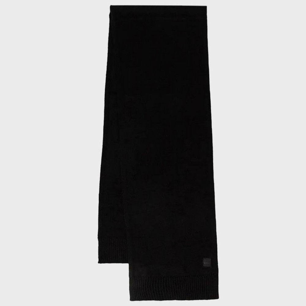 Hugo Boss Mens Solid Black Akaio Logo Cotton Blend Ribbed Knit Scarf OS New