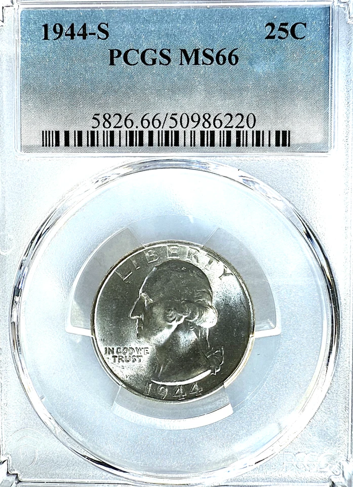 1944-S WASHINGTON Silver Quarter PCGS MS66 / HARD TO FIND / PROOF LIKE - Image 3 of 4