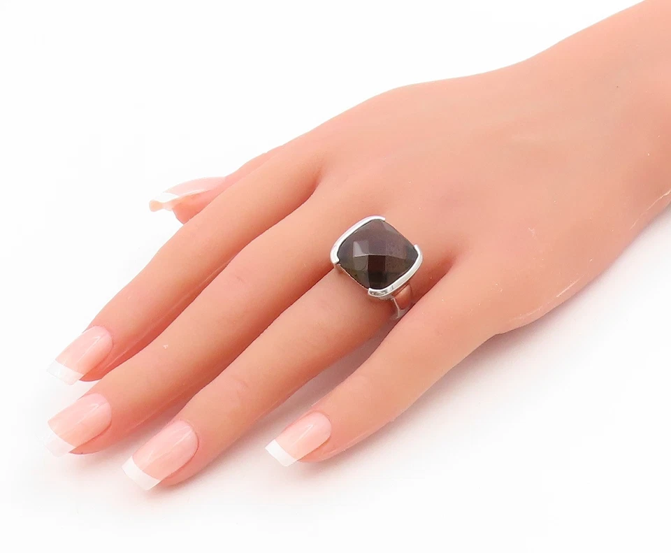 Anillo solitario de cuarzo ahumado facetado vintage de plata de ley 925 talla 6 RG33980 Foto 3 de 4