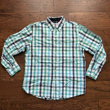 IZOD Button Down Shirt Men's Size Medium Tartan Plaid Long Sleeve Green/Blue
