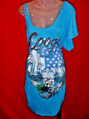 COOGI  Turquoise One Shoulder Logo Studded O ring cocktail Dress 1X flag draped 
