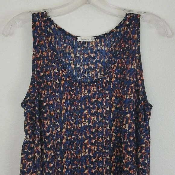 Top soprano alto bajo, azul, naranja, negro, estampado crema sin mangas S Foto 3 de 4