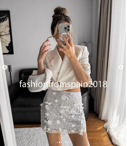ZARA NEW WOMAN FLORAL SEQUINNED MINI SKIRT SILVER S,M,L  3920/079 - Picture 1 of 3