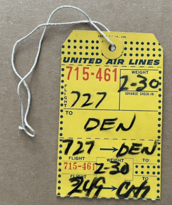 Vintage 1956 UNITED AIRLINES Baggage String Tag DEN DENVER Transfer Check #85
