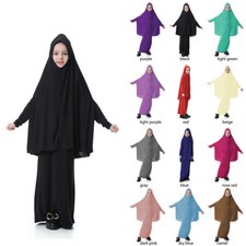 Muslim Girls Skirt Dress Robe Kids Abaya Burka Prayer Khimar Scarf Maxi Kaftan