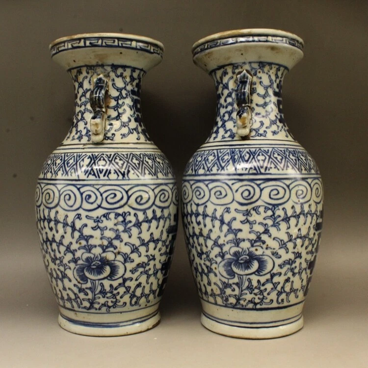 10.6"CollectChina Blue and White Porcelain Double Happiness Dragon Ear Vase Pair - Image 2 of 4