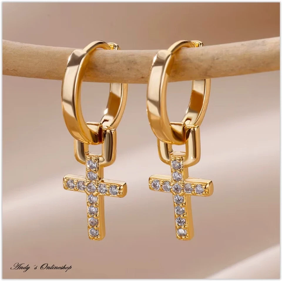 KREUZ OHRRINGE Creolen Ohrstecker GOLD SILBER 925 Damen Schmuck OHRSCHMUCK Neu - Bild 2 von 4