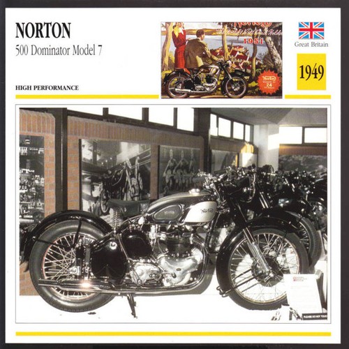 1949 Norton 500cc Dominator Model 7 497cc Motorcycle Photo Spec Sheet Info Card