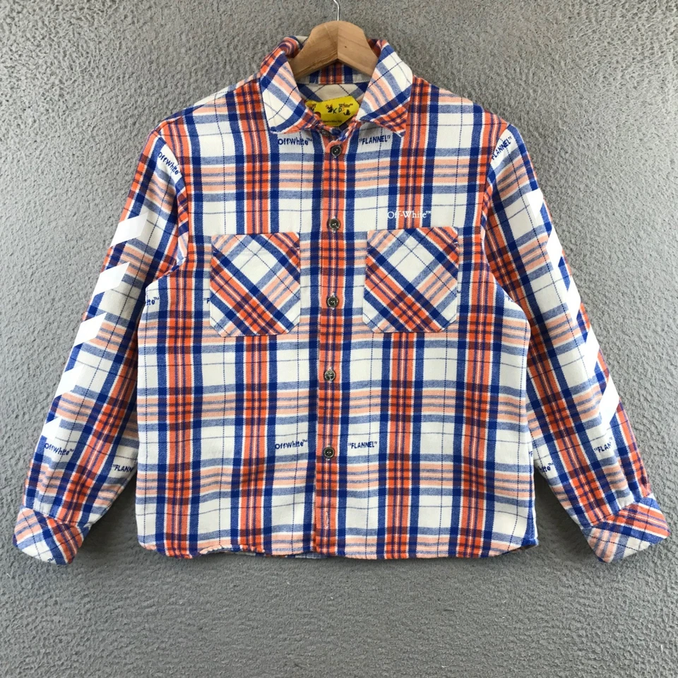 Off White Kids Flannel Shirt Plaid Orange Blue White Logo Arrows Size 10 - Image 2 of 4