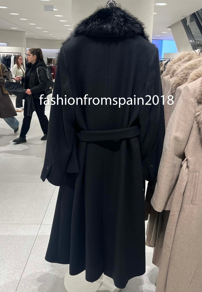 ZARA NEW WOMAN WOOL COAT WITH FAUX FUR LAPEL AND BELT BLACK XS-XL