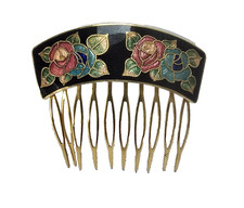 Vintage Black Gold Tone Cloisonne Enamel Hair Combs Rose Floral Design