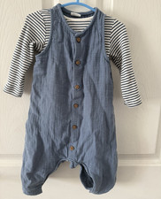 NEXT Baby Blue Dungaree One-Piece & White Striped Top 3-6 Months Buttons